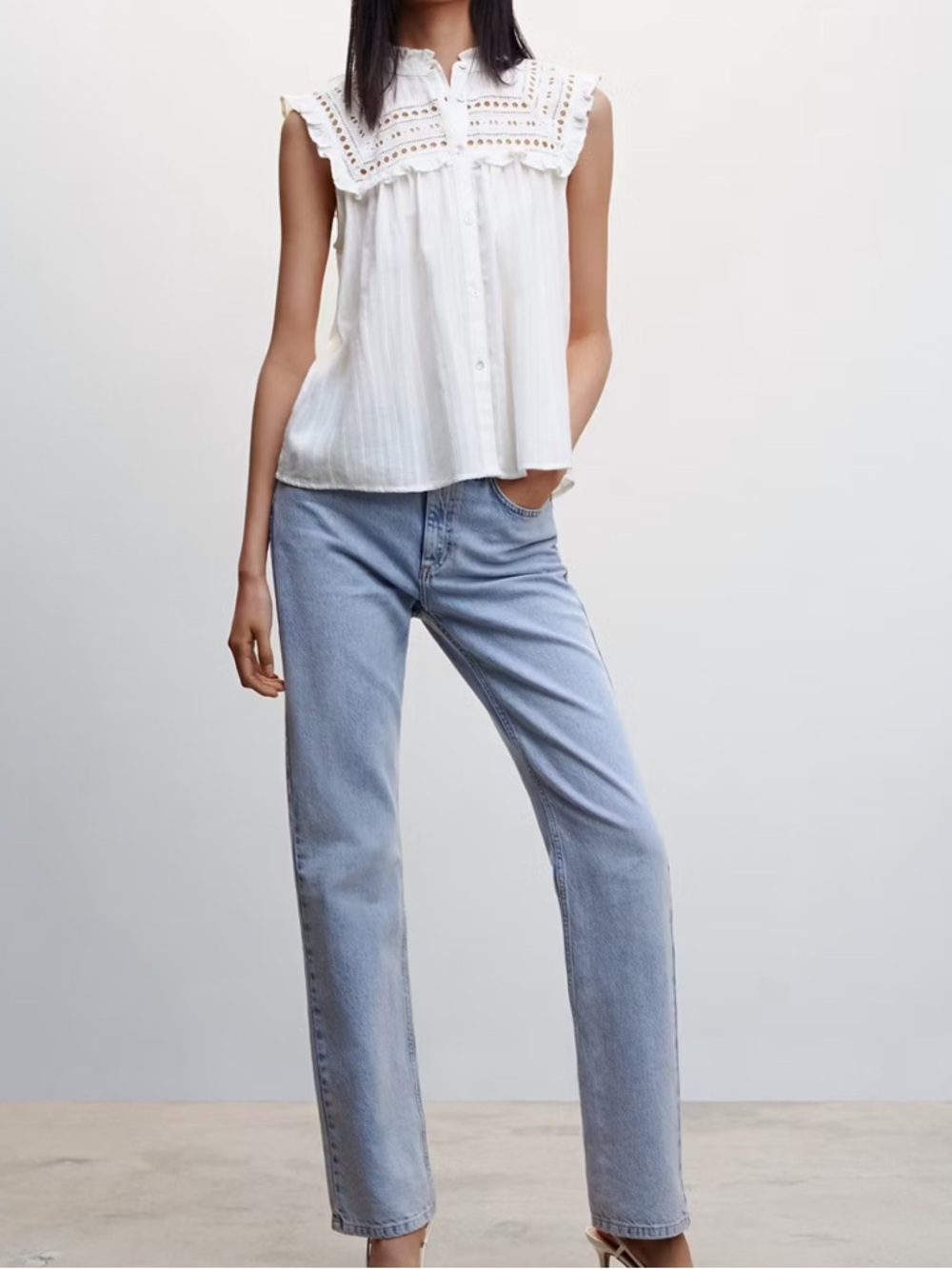 Mango White Eyelet Sleeveless Blouse